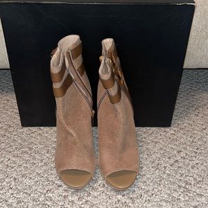 Herve Leger , tan leather peep toe booties